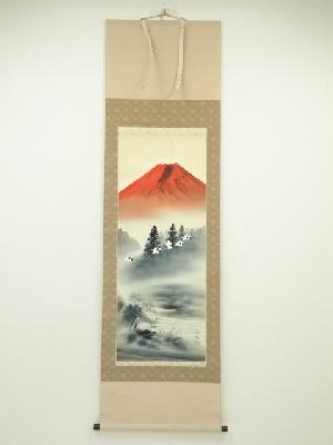 林伍朗筆　朱映飛鶴　肉筆絹本掛軸（共箱）